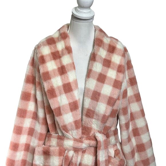 APPARIS Rare Gingham Check Teddy Coat with Tie Waist Pink Jacket Womens Size S/M - Picture 3 of 13
